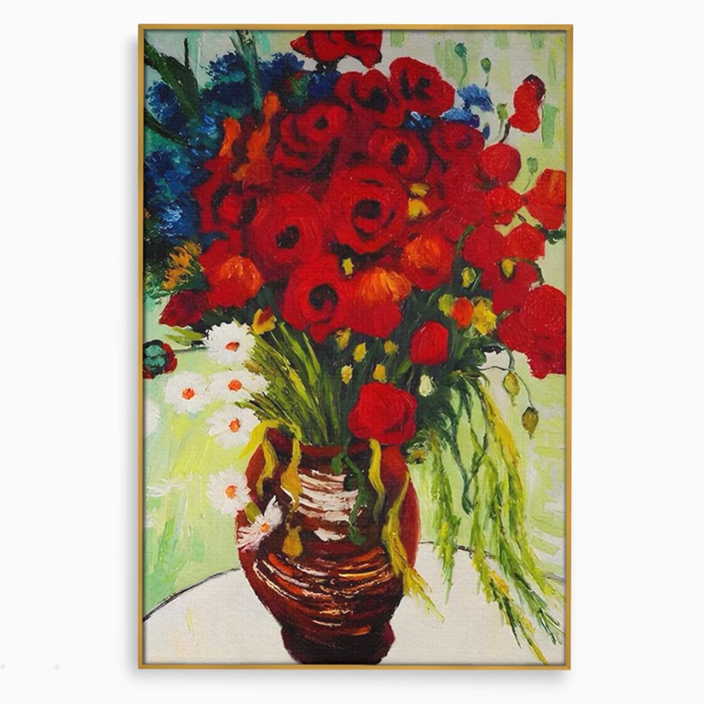 Tablou canvas cu pictura cu vaza plina de maci, in rama de aluminiu auriu